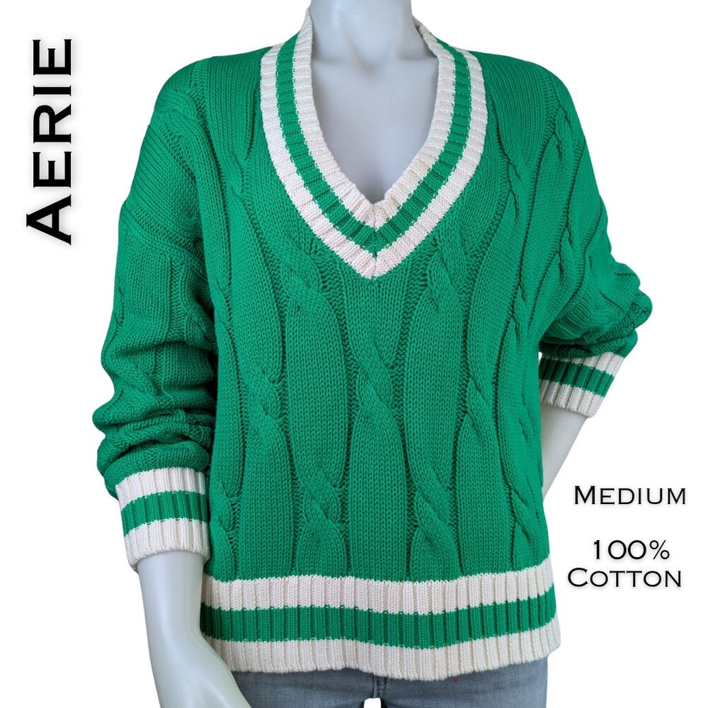 Aerie Cable Knit Sweater Medium Green White Striped V Neck Varsity Oversized